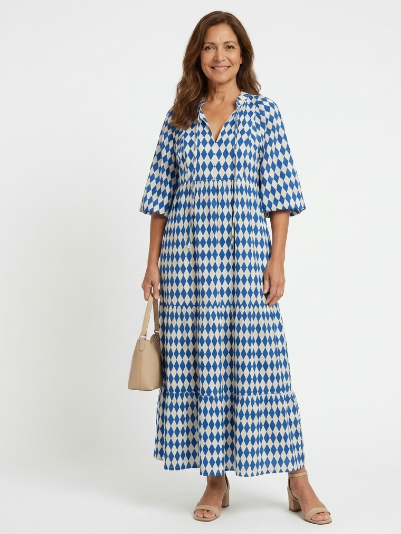 Elodie - Diamantmuster gestuftes Midi-Kleid