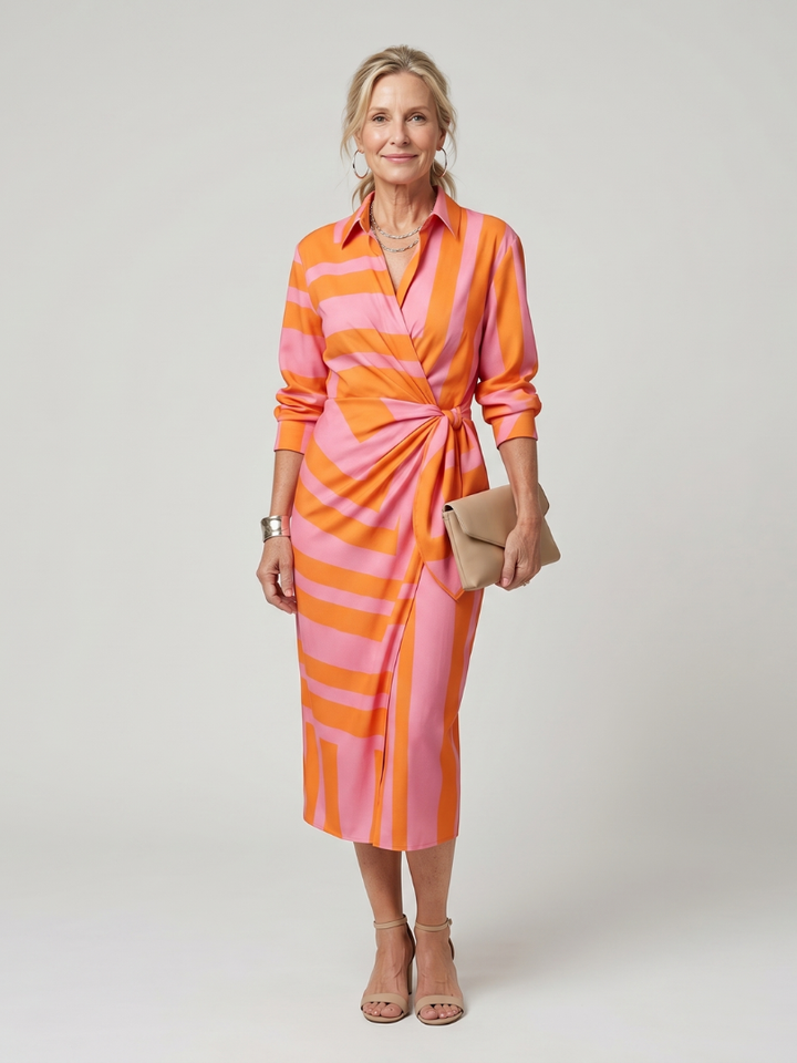 Leya - Midi-Kleid mit langen Ärmeln und Kragen im Streifenmuster