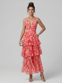 Gala - Tiefer V-Ausschnitt Ärmelloses Midi-Kleid mit malerischem