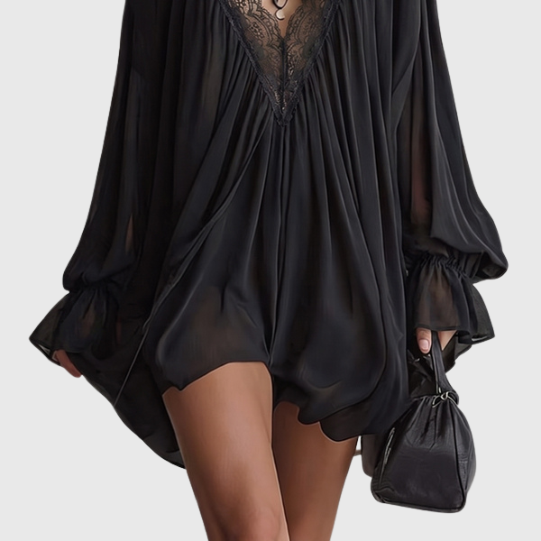 Beverly - Damen Boho Mini-Kleid aus schwarzem Chiffon
