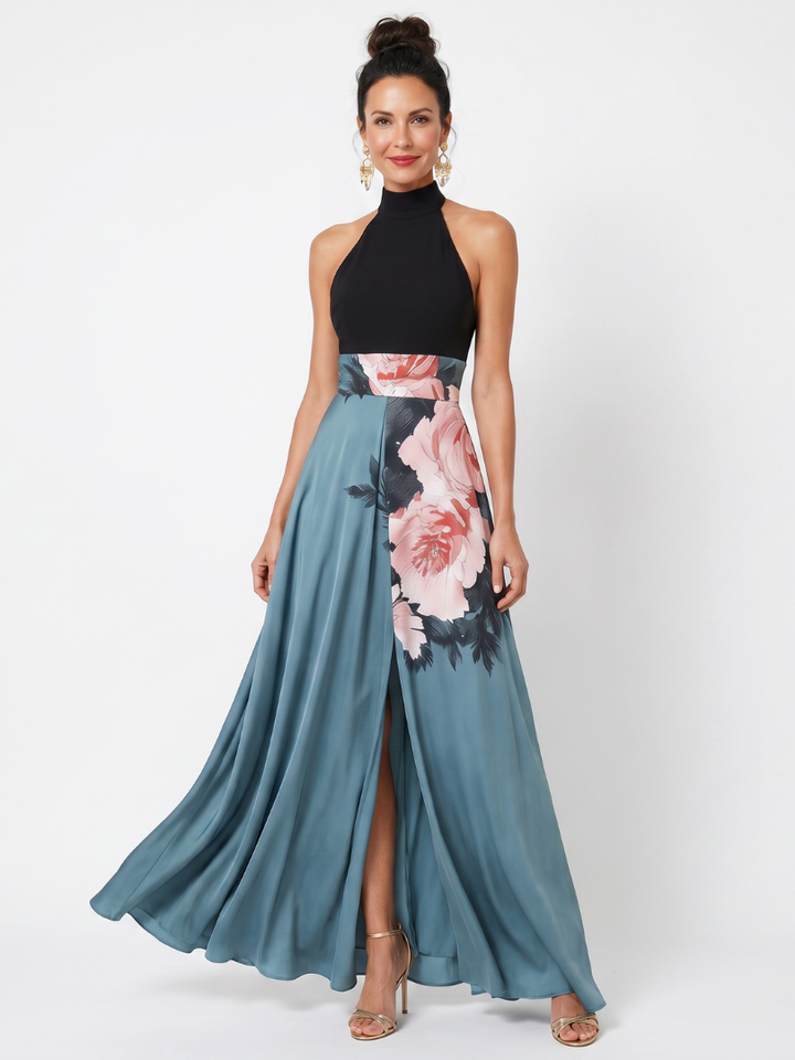 Olympas - Halter-Bodice Floral Rock Maxi Kleid