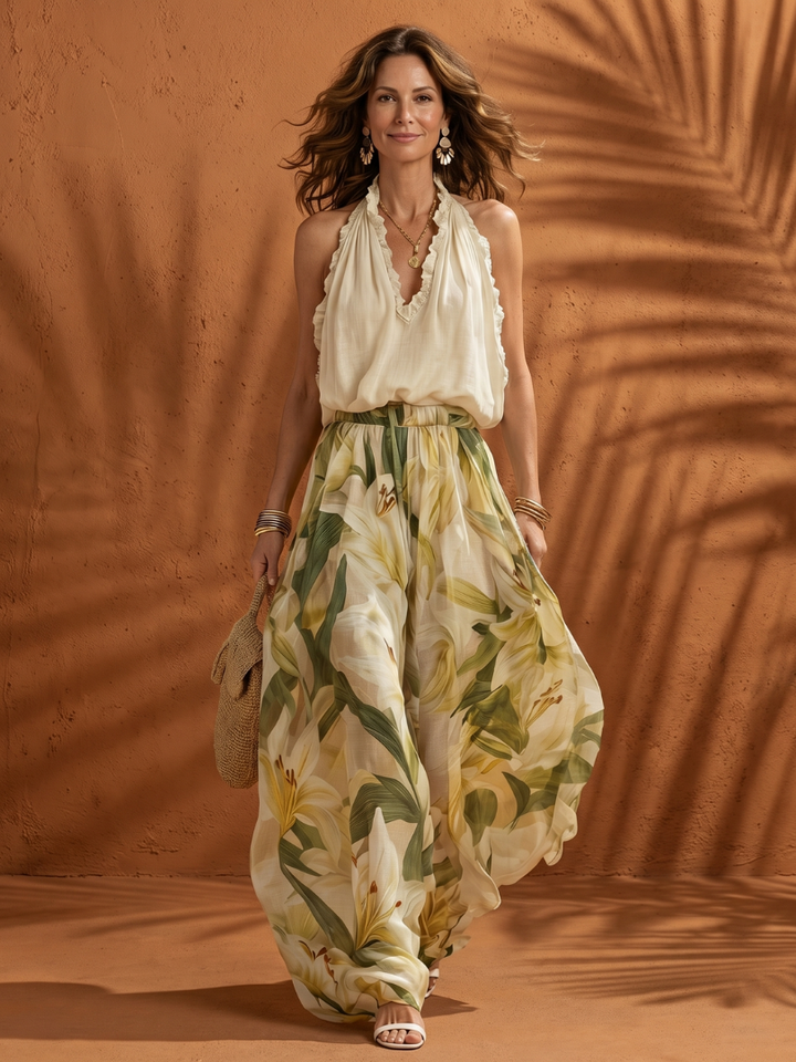 Solange - Halter Neck Bluse Floral Weite Hose Set