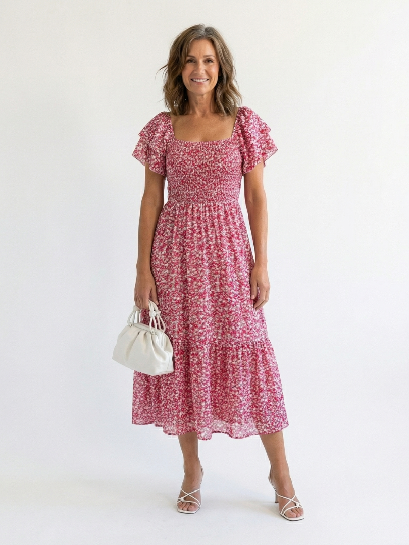 Odette - Off-Shoulder Blumen Smocked Midi Kleid