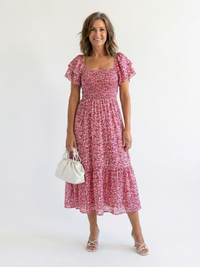 Odette - Off-Shoulder Blumen Smocked Midi Kleid