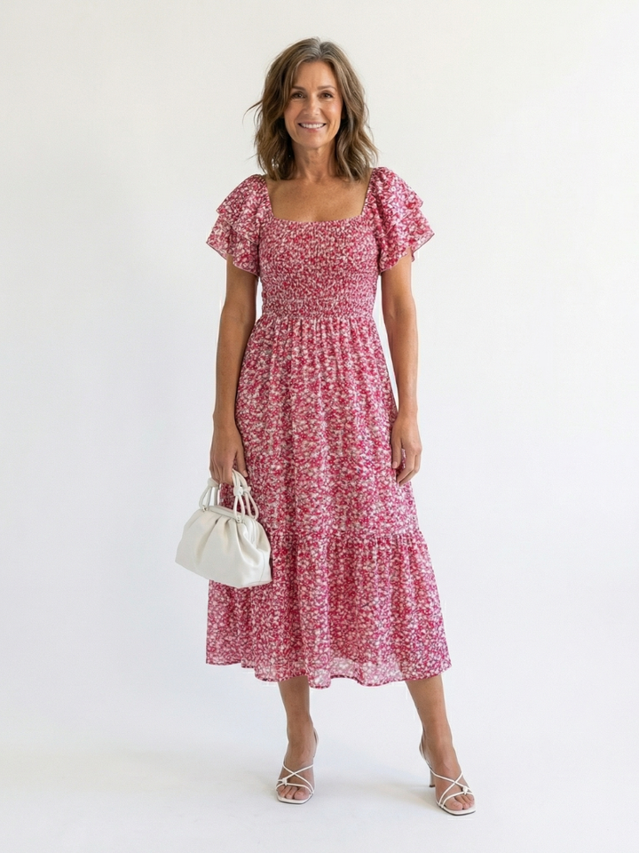 Odette - Off-Shoulder Blumen Smocked Midi Kleid