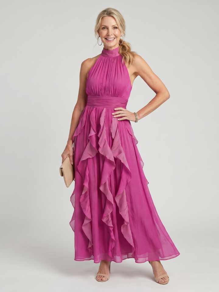 Orea - Maxikleid mit hohem Hals und gerafften Rüschenschichten