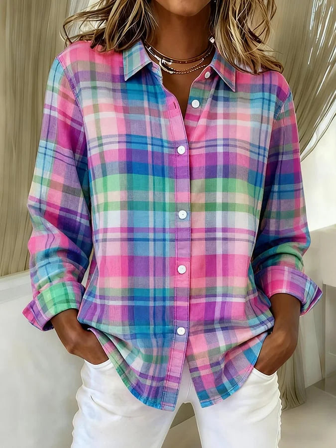 Nora - Damen Freizeit Retro Pink Karierte Bluse