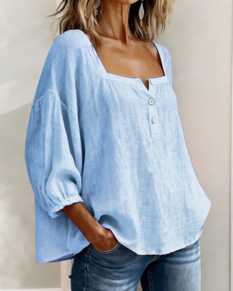 Arianne - Damen Bluse mit quadratischem Ausschnitt und 3/4 Puffärmeln