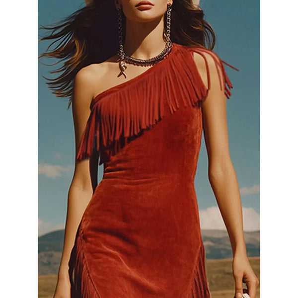 Anika - Western-Boho-One-Shoulder-Kleid mit Fransen – Asymmetrisches
