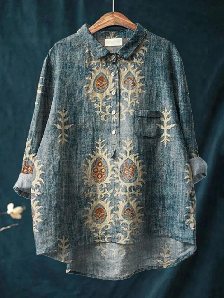Nina - Damen Vintage Ethnische Blumen Kunstdruck Freizeitshirt