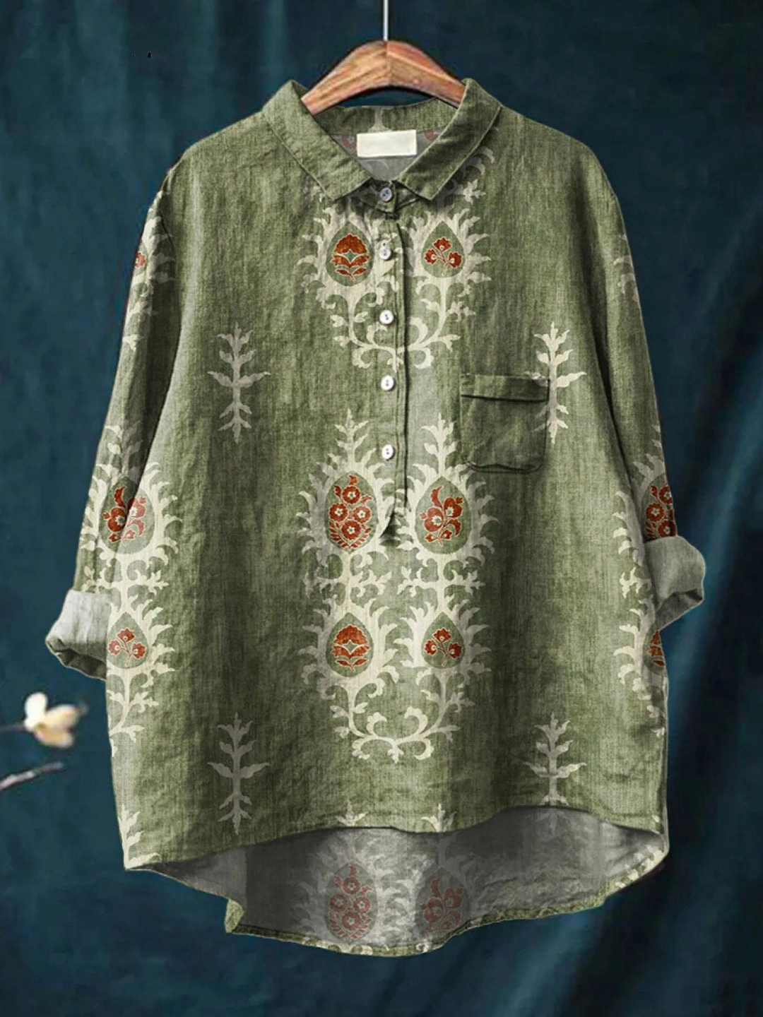 Nina - Damen Vintage Ethnische Blumen Kunstdruck Freizeitshirt