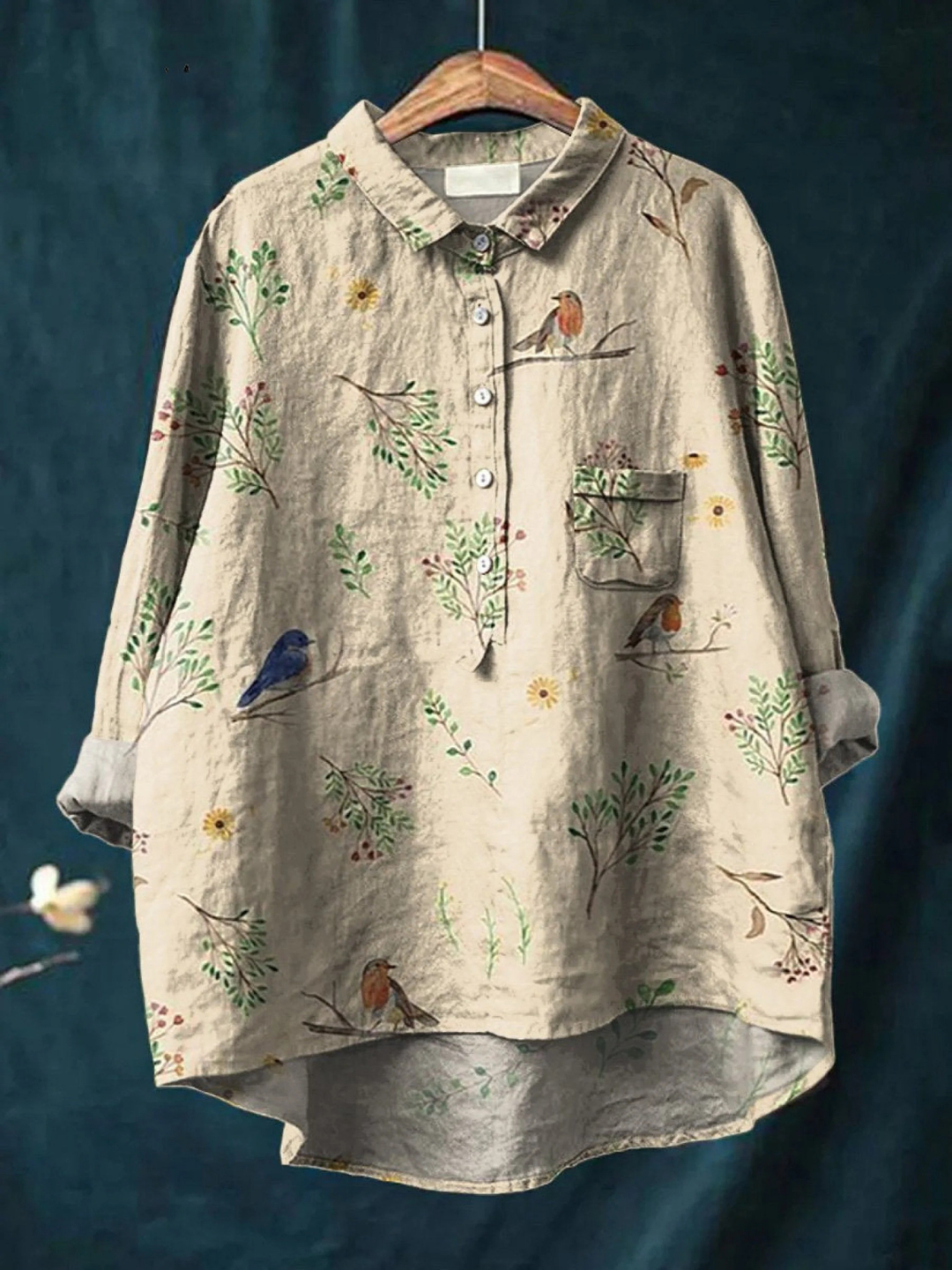 Lorelai - Bedruckte Damenbluse mit Ästen und Rotkehlchen-Muster