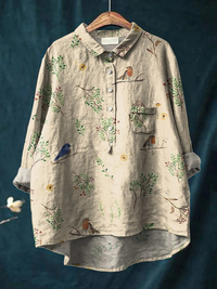 Lorelai - Bedruckte Damenbluse mit Ästen und Rotkehlchen-Muster