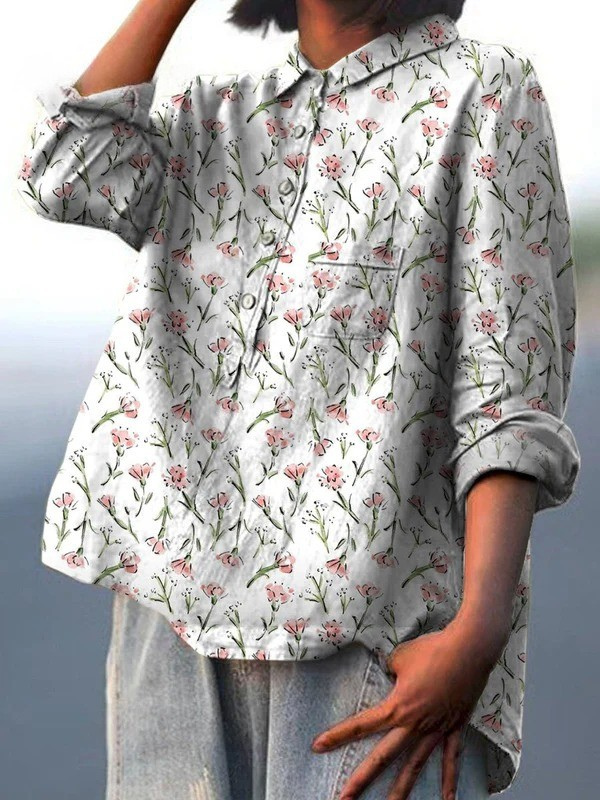 Hadley - Pink Frühlingsblumen-Muster Bedrucktes Damen-Casual-Shirt