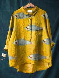 Felicity - Damen Vintage Fisch Kunstdruck Freizeitshirt