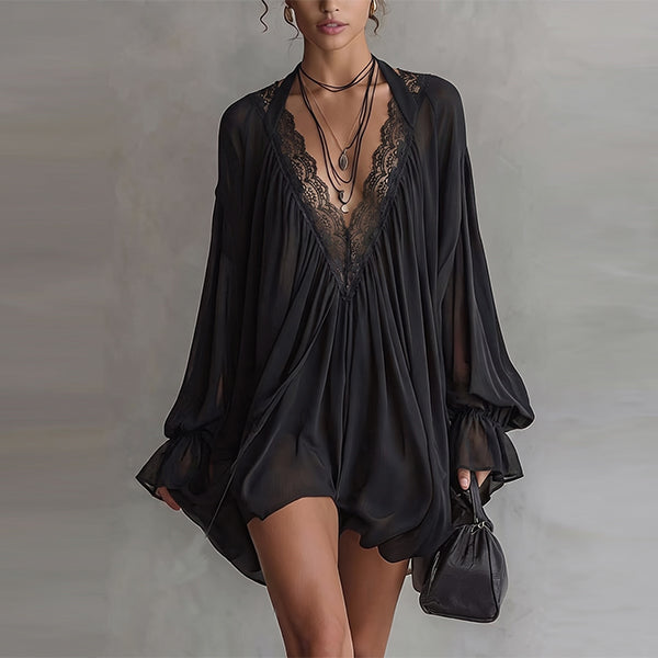 Beverly - Damen Boho Mini-Kleid aus schwarzem Chiffon