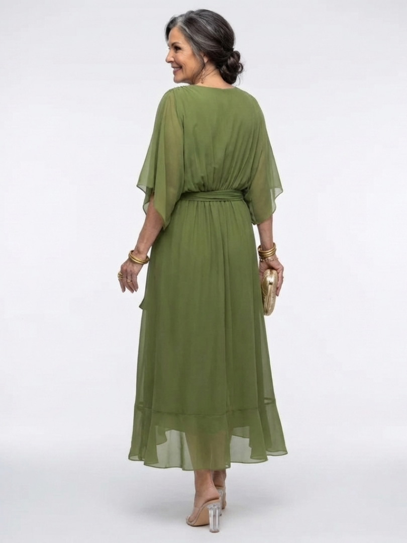 Elysia - V-Ausschnitt Drapiertes Taillenband Midi-Kleid