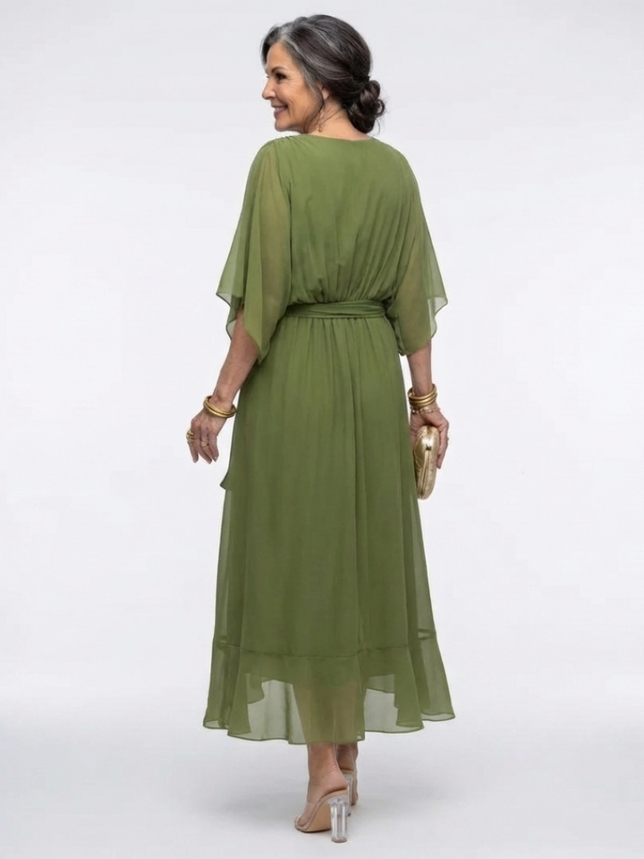 Elysia - V-Ausschnitt Drapiertes Taillenband Midi-Kleid