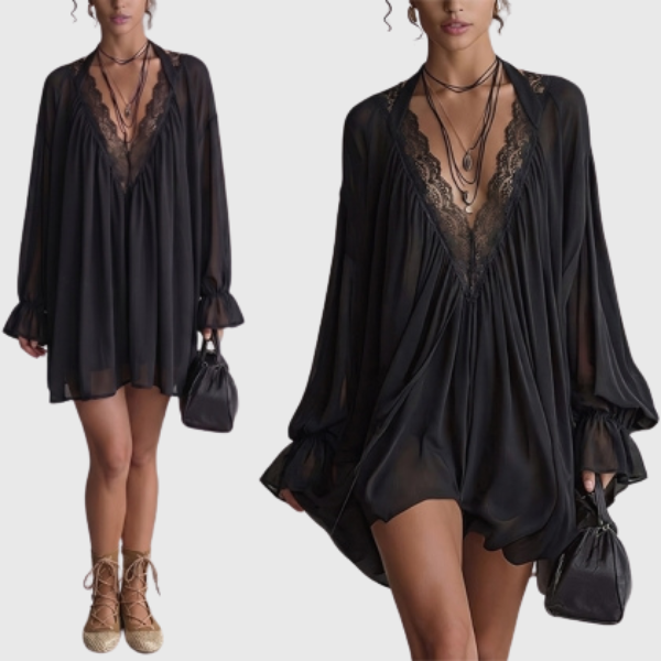 Beverly - Damen Boho Mini-Kleid aus schwarzem Chiffon