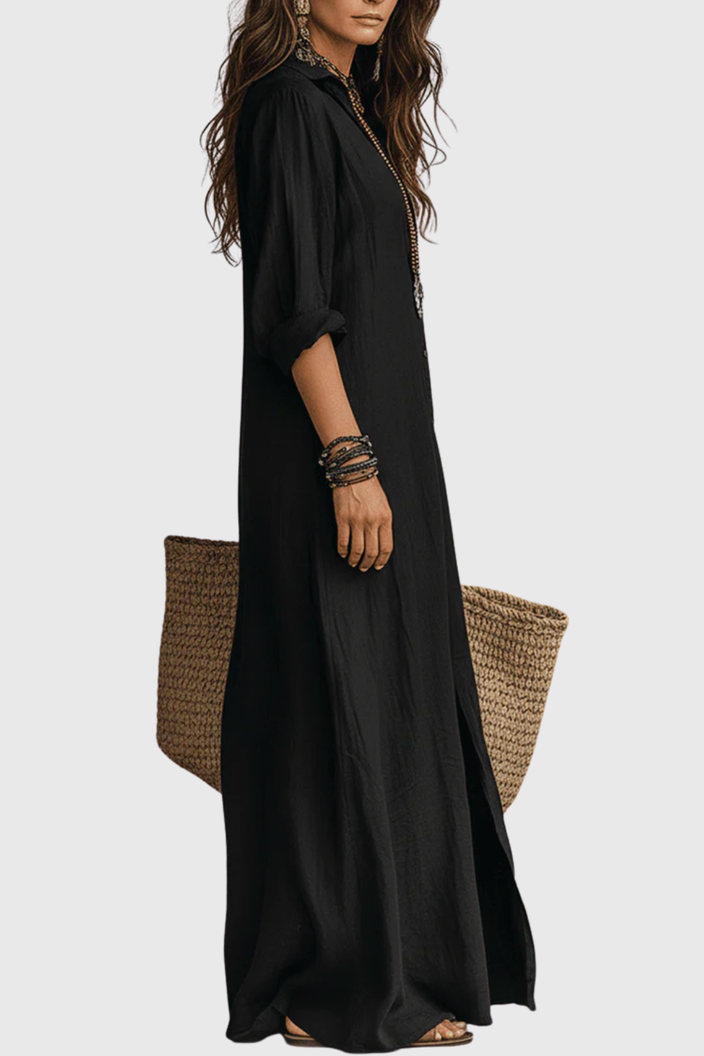 Delores - Lässiges V-Ausschnitt Knopf-Maxikleid