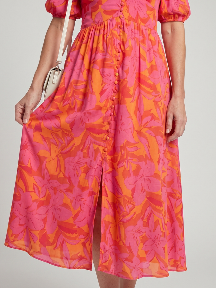 Zarelle - Puffärmel V-Ausschnitt Midi-Kleid mit kräftigem Blumenmuster
