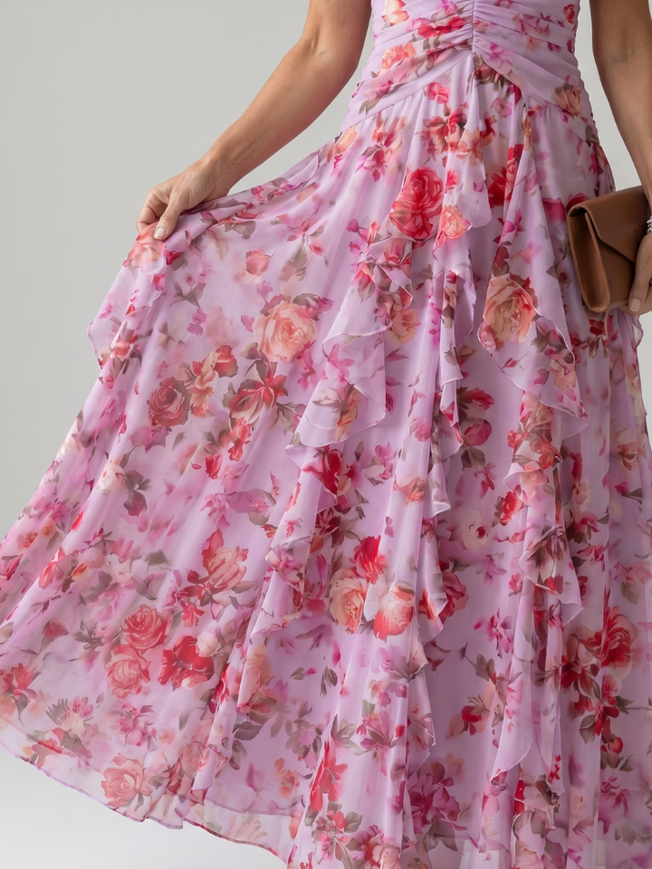 Nori - Halterneck-Rüschentop-Blumen-Maxikleid