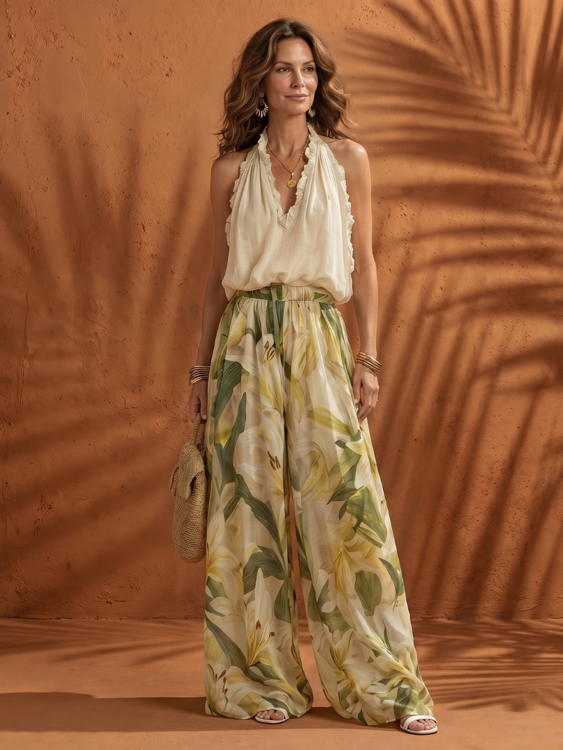 Solange - Halter Neck Bluse Floral Weite Hose Set