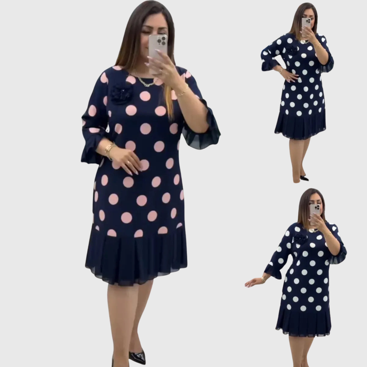 Odette - Weiches Polka Dot Kleid mit ausgestelltem Rüschensaum Navy