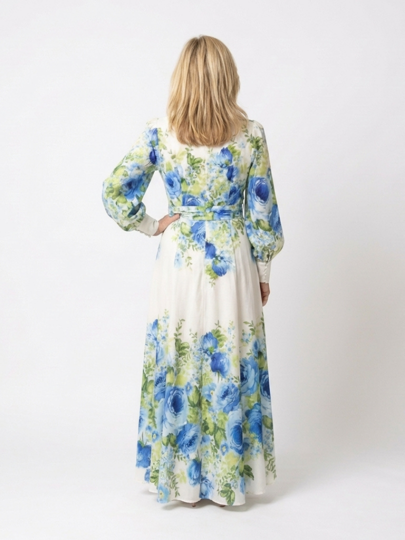 Harper - Langärmliges Blumenknopf-Front-Maxikleid