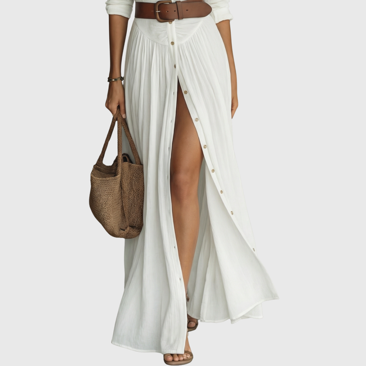Wendy - Langes Maxi-Leinenkleid mit eingekerbtem Kragen und langen