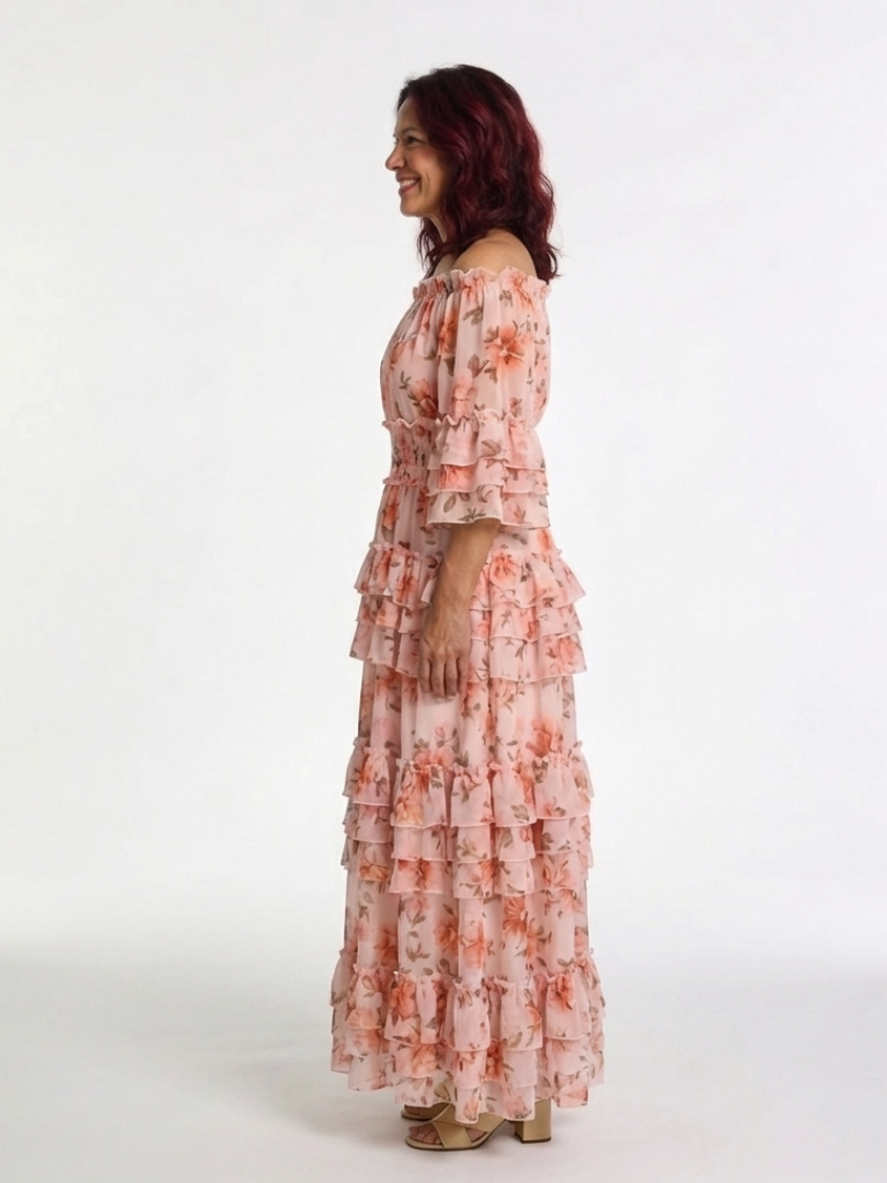 Rosalie - Off-Shoulder Floral Ruffle Tiered Maxi-Kleid