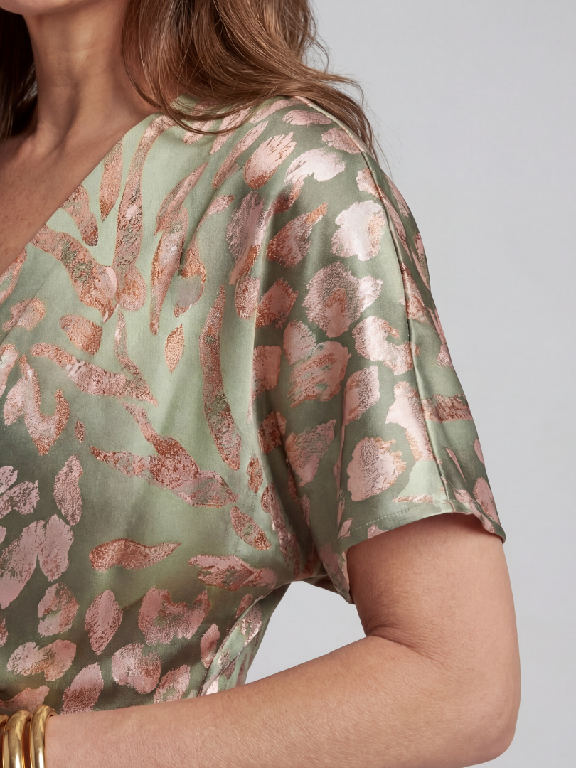 Coralie - Abstrakter Druck V-Ausschnitt Wickel Taille Midi Kleid