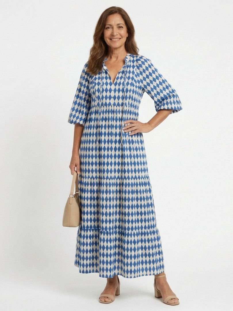Elodie - Diamantmuster gestuftes Midi-Kleid