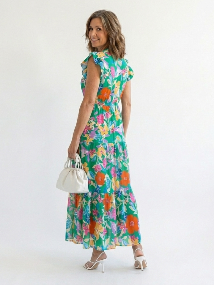 Lila - Floral V-Ausschnitt Schichten Midi Kleid