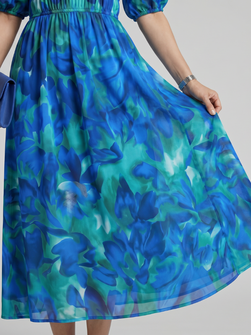 Candlia - Puffärmel V-Ausschnitt Midi Kleid mit abstraktem Druck