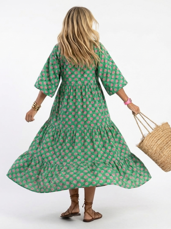 Fiora - Floral Print V-Ausschnitt Schicht Midi Kleid