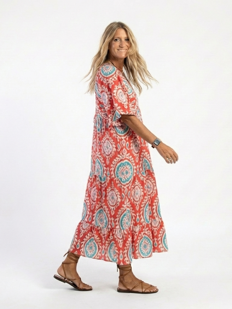 Zaria - Paisley-Druck V-Ausschnitt Kurzarm Midi-Kleid