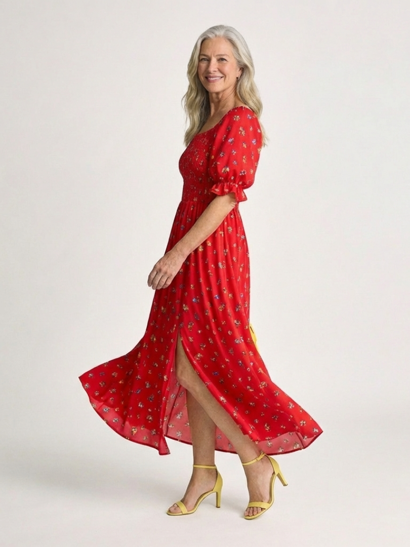 Delphine - Midi-Kleid mit quadratischem Ausschnitt und Blumenmuster