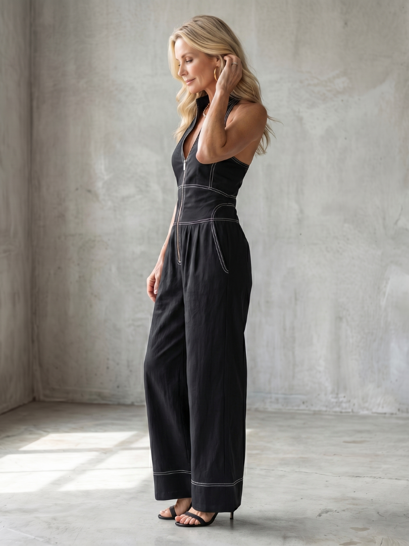 Dara - Zip-Front Kontraststich Weitbein-Jumpsuit