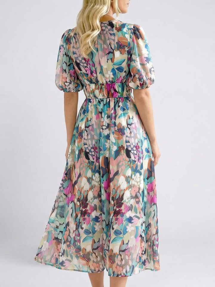 Eulalie - V-Ausschnitt Kurzarm Kleid mit gerafftem Taillenbereich Midi
