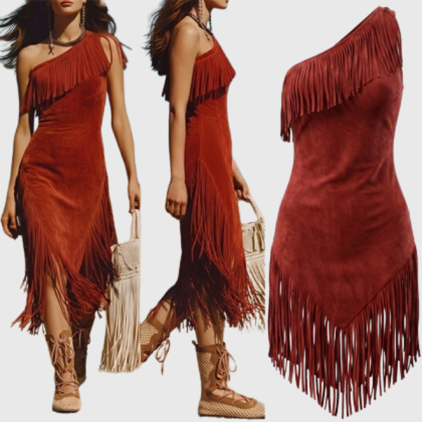 Anika - Western-Boho-One-Shoulder-Kleid mit Fransen – Asymmetrisches