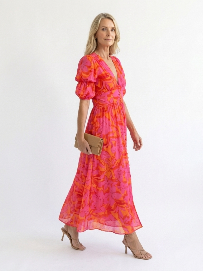 Willow - Florales V-Ausschnitt Midi Kleid mit Puffärmeln
