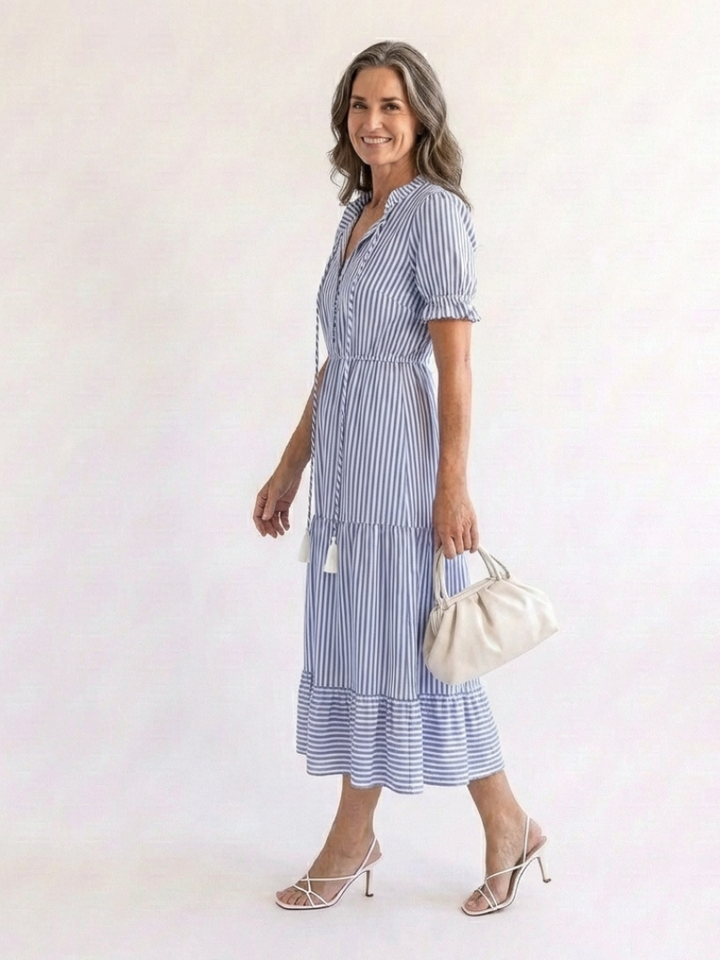 Dakota - Kurzärmeliges gestreiftes, geschichtetes Midikleid