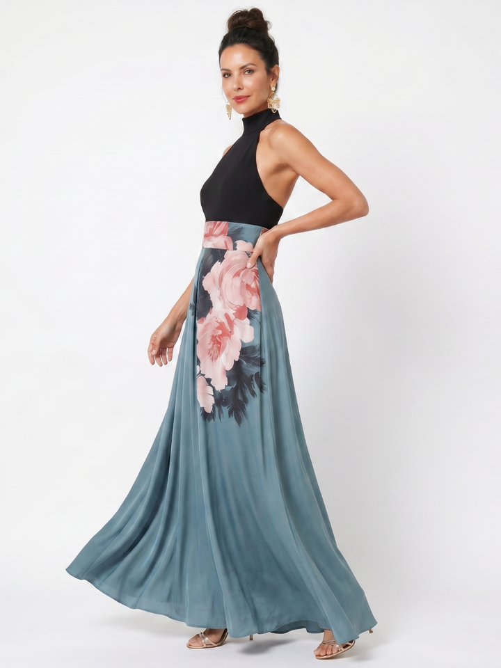 Olympas - Halter-Bodice Floral Rock Maxi Kleid