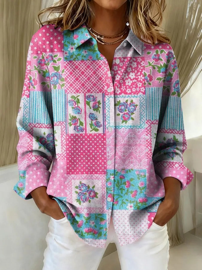Abigail - Damen Vintage Rosa Blumen Patchwork Druck Freizeit Hemd