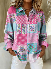 Abigail - Damen Vintage Rosa Blumen Patchwork Druck Freizeit Hemd