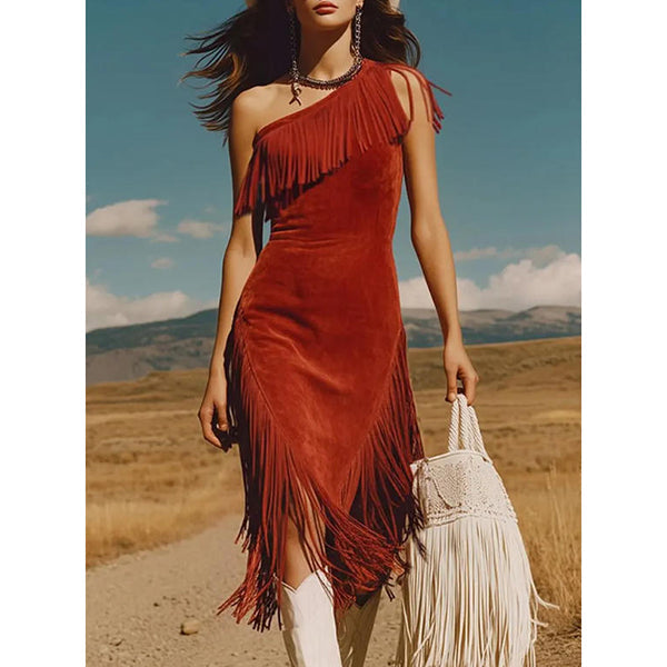 Anika - Western-Boho-One-Shoulder-Kleid mit Fransen – Asymmetrisches