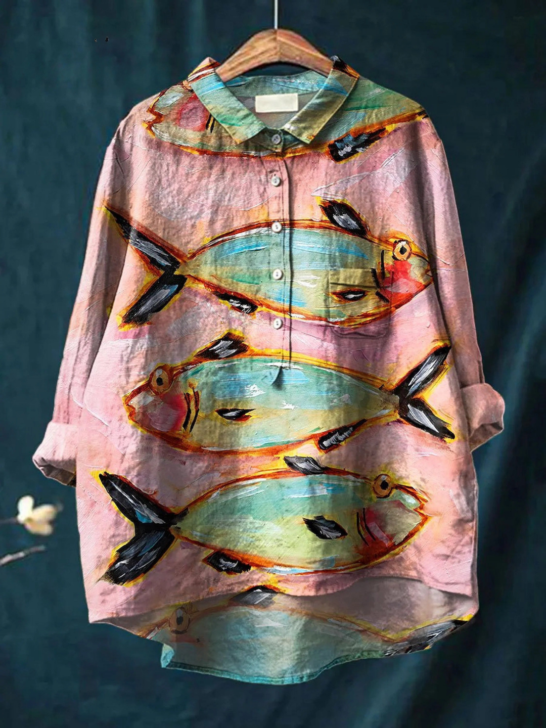 Blythe - Damen Vintage Fisch Kunstdruck Casual Shirt