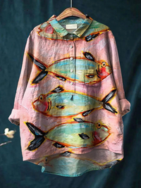 Blythe - Damen Vintage Fisch Kunstdruck Casual Shirt