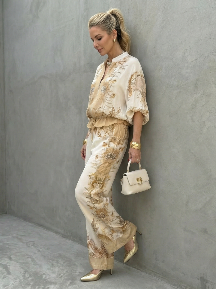 Indie - Zip-Front Blouson Top Bedrucktes Zweiteiliges Set